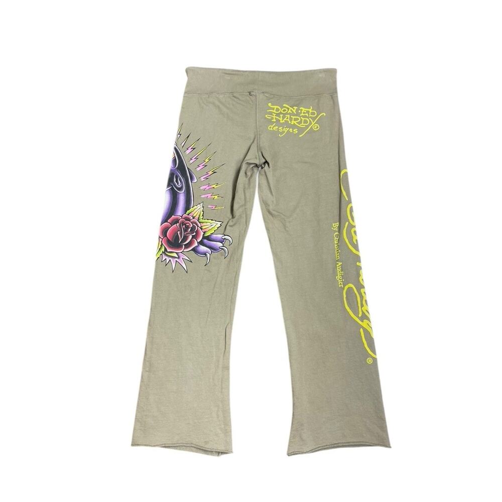 Vtg Y2K Ed Hardy Women's S Green Tattoo Logo Panther Drawstring Sweatpants EUC - Picture 2 of 4